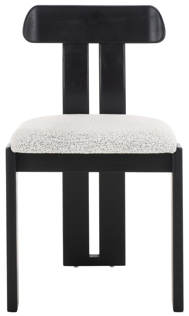 Black chair with a white cushioned seat on a white background