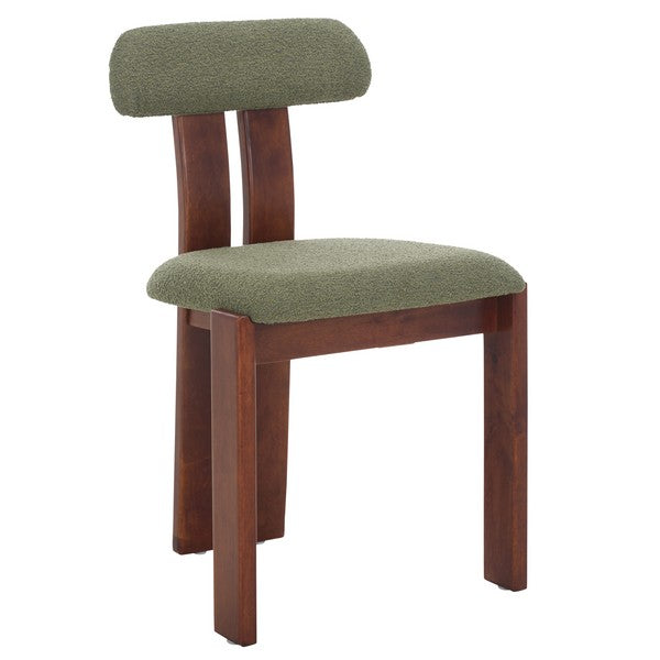 Chair with green cushioned seat and backrest on a white background