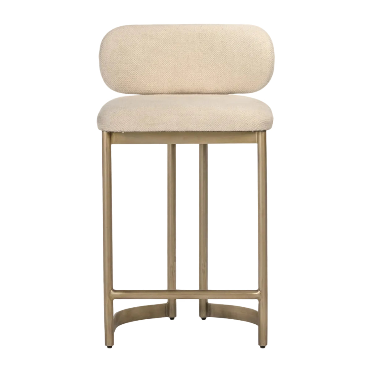 A modern barstool with a rounded, low-profile upholstered backrest and seat cushion in a textured cream fabric, supported by a slim, brushed gold metal frame.