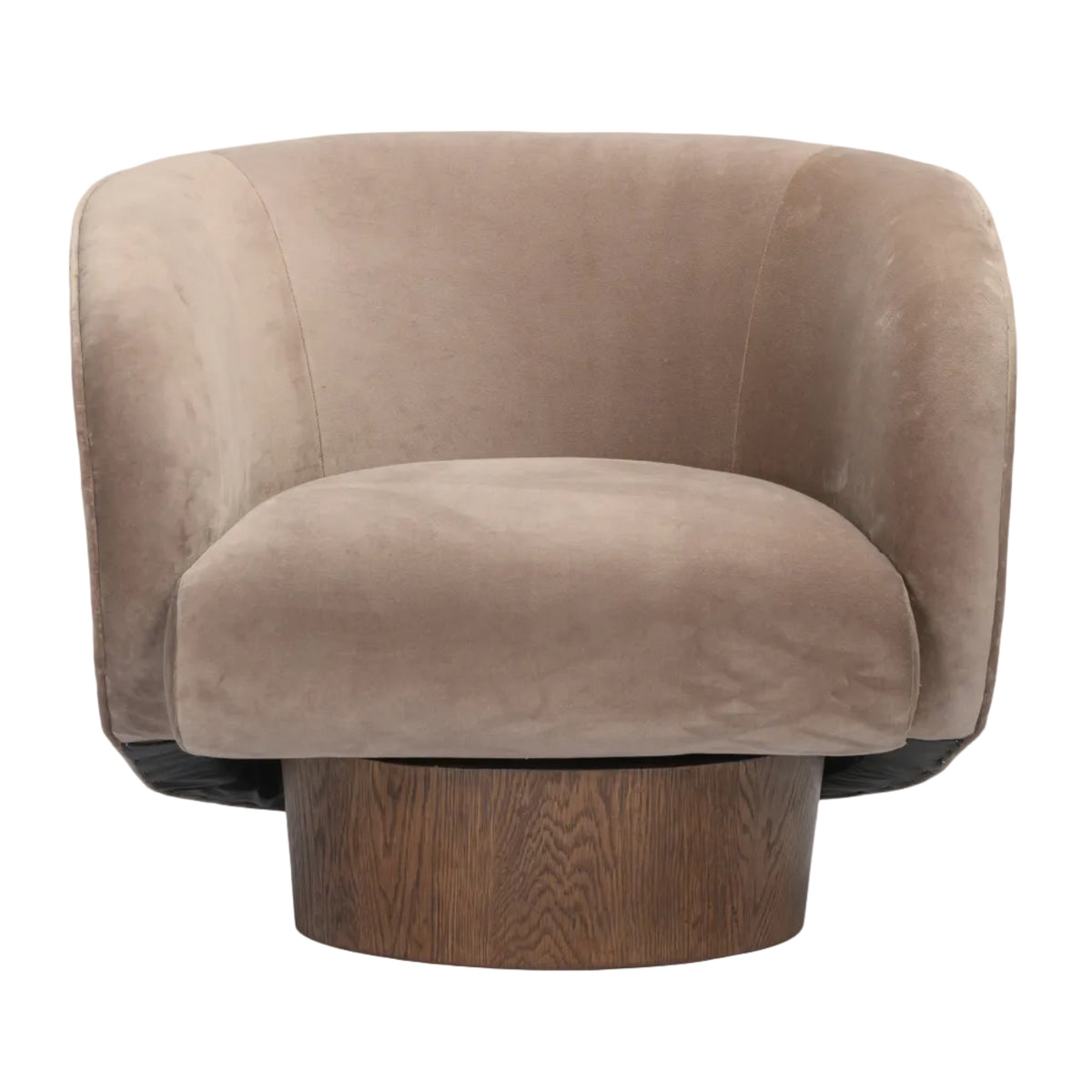A modern barrel-style armchair with plush taupe velvet upholstery and a dark wood swivel base, shown against a clean white background.