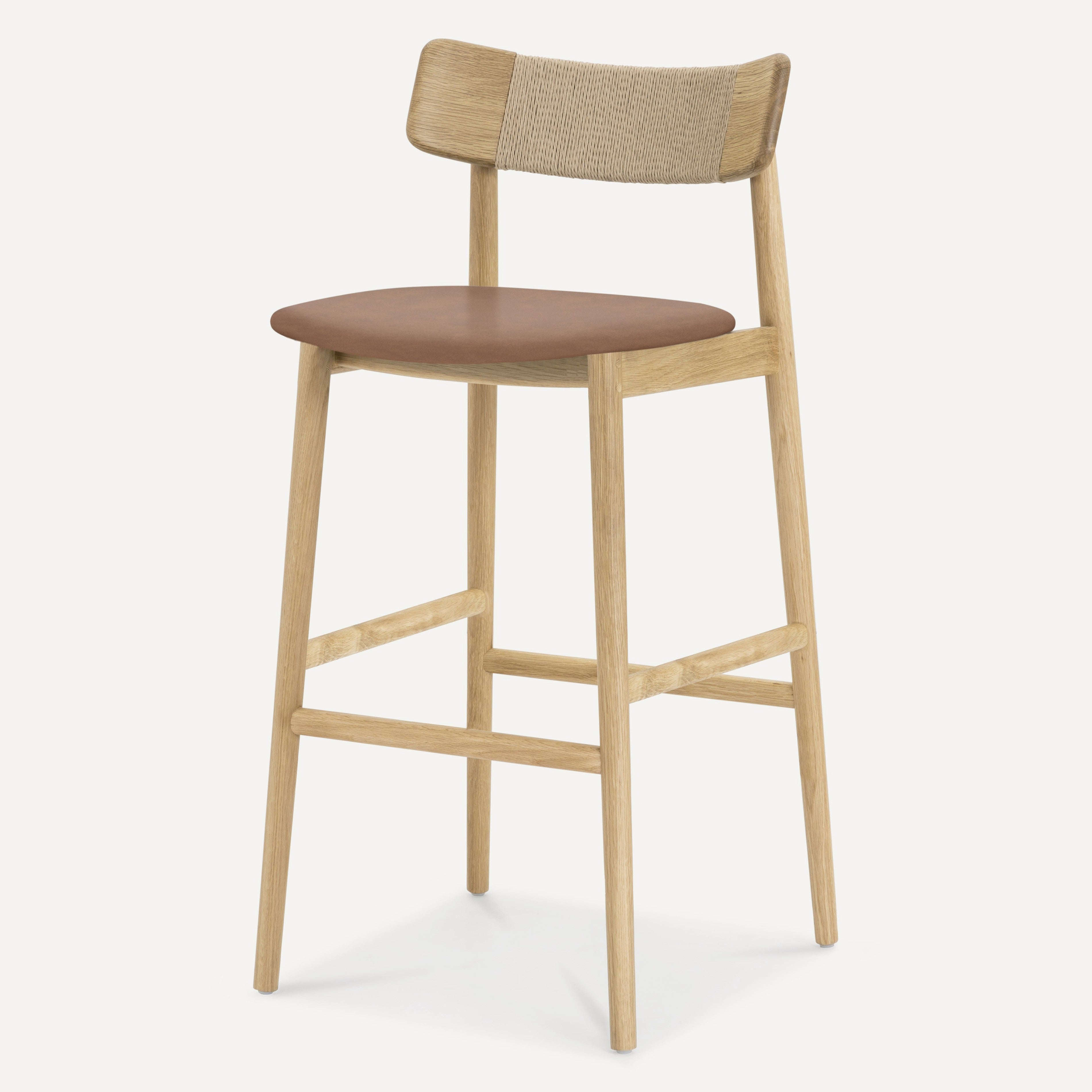 A modern wooden bar stool with a light natural oak frame, a brown upholstered seat, and a wrapped paper cord backrest, shown against a plain white background.