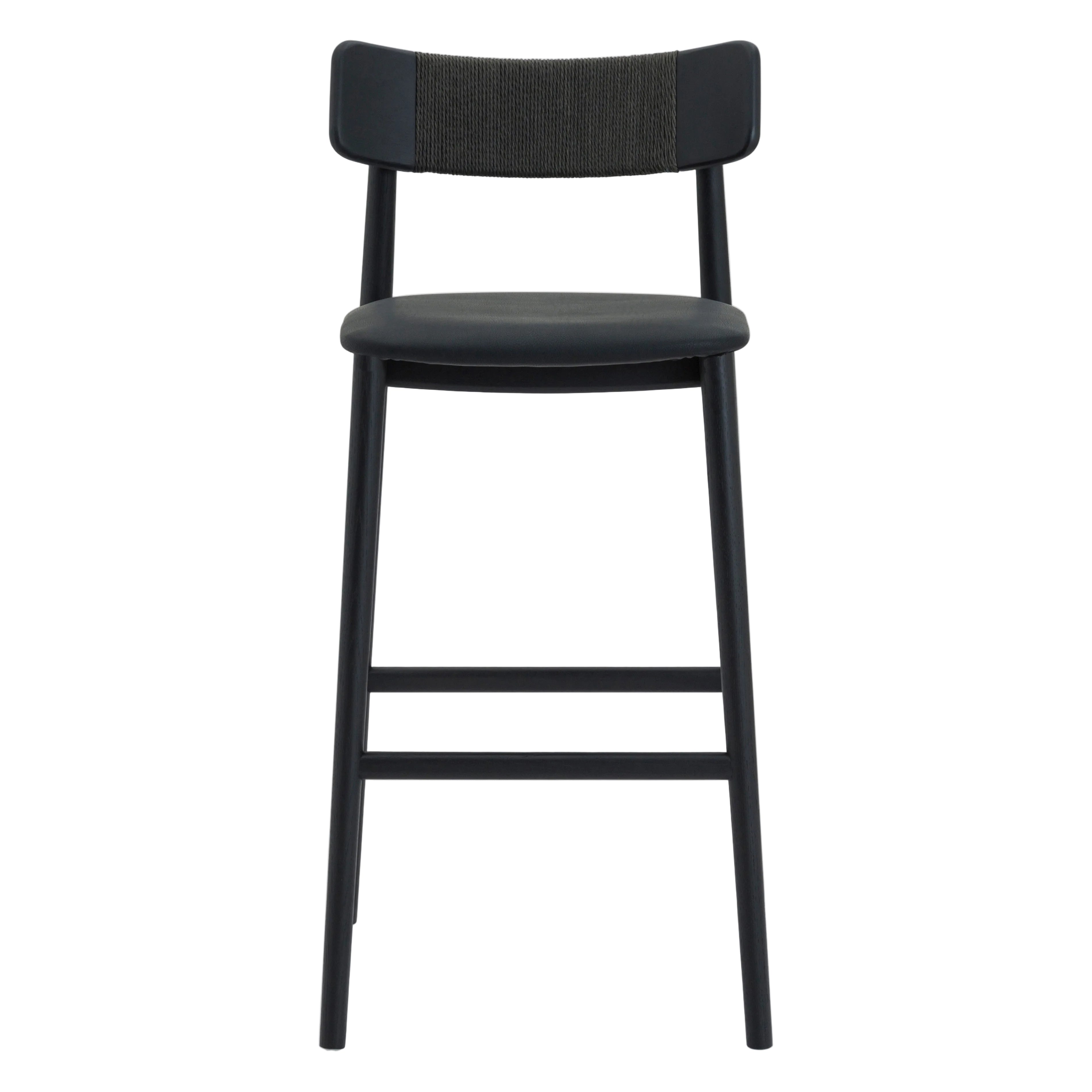 A modern black bar stool with a textured paper cord wrapped backrest and a padded seat, shown against a plain white background.