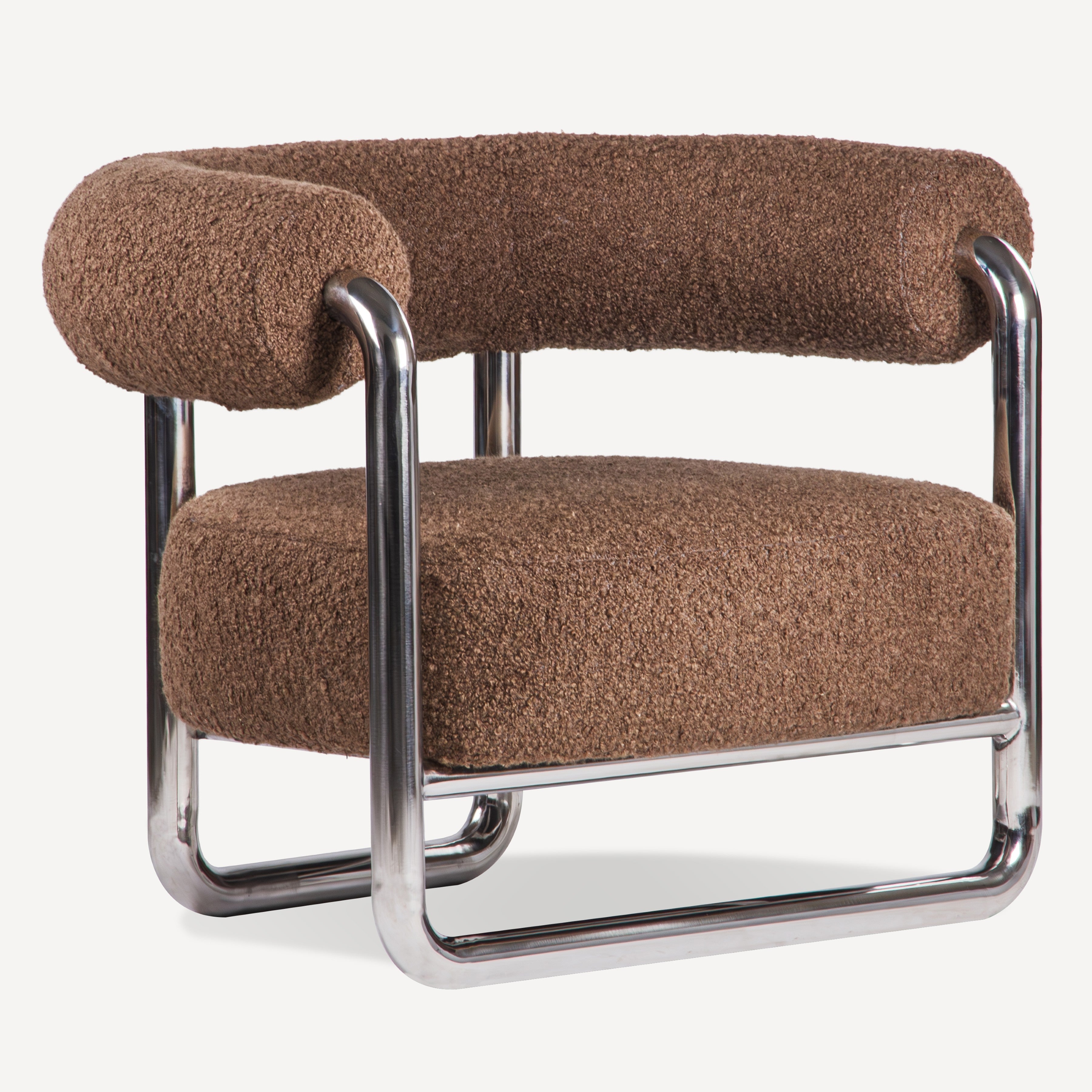 Brown upholstered chair with metal frame on a white background