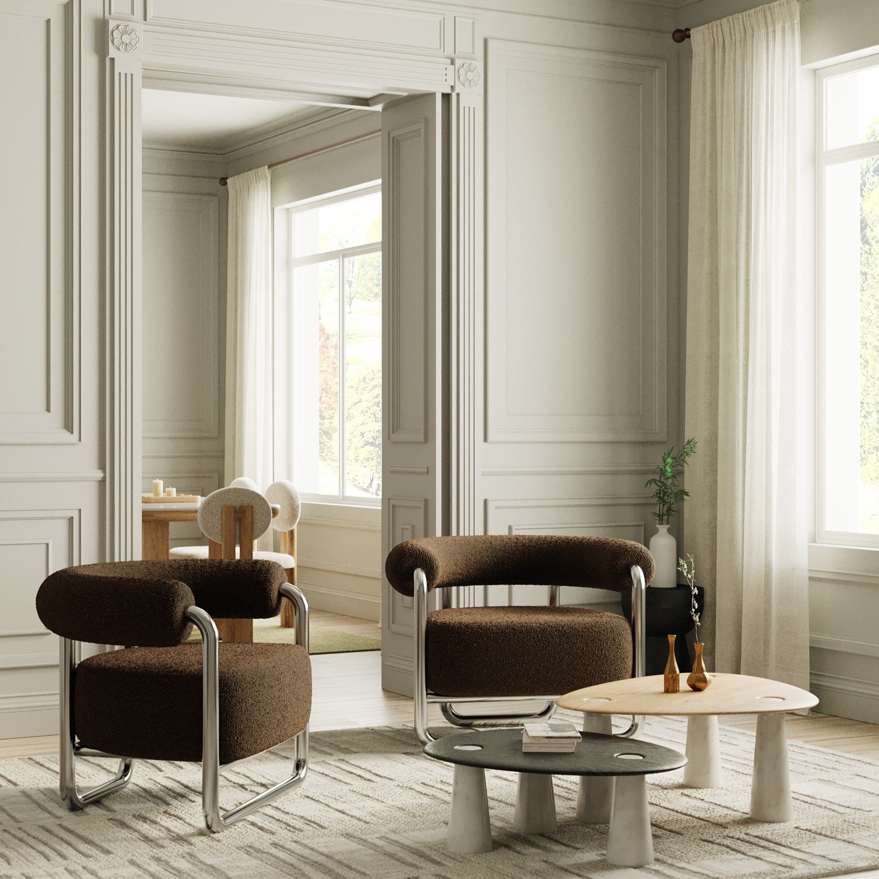 Modern living room with brown armchairs and a coffee table.