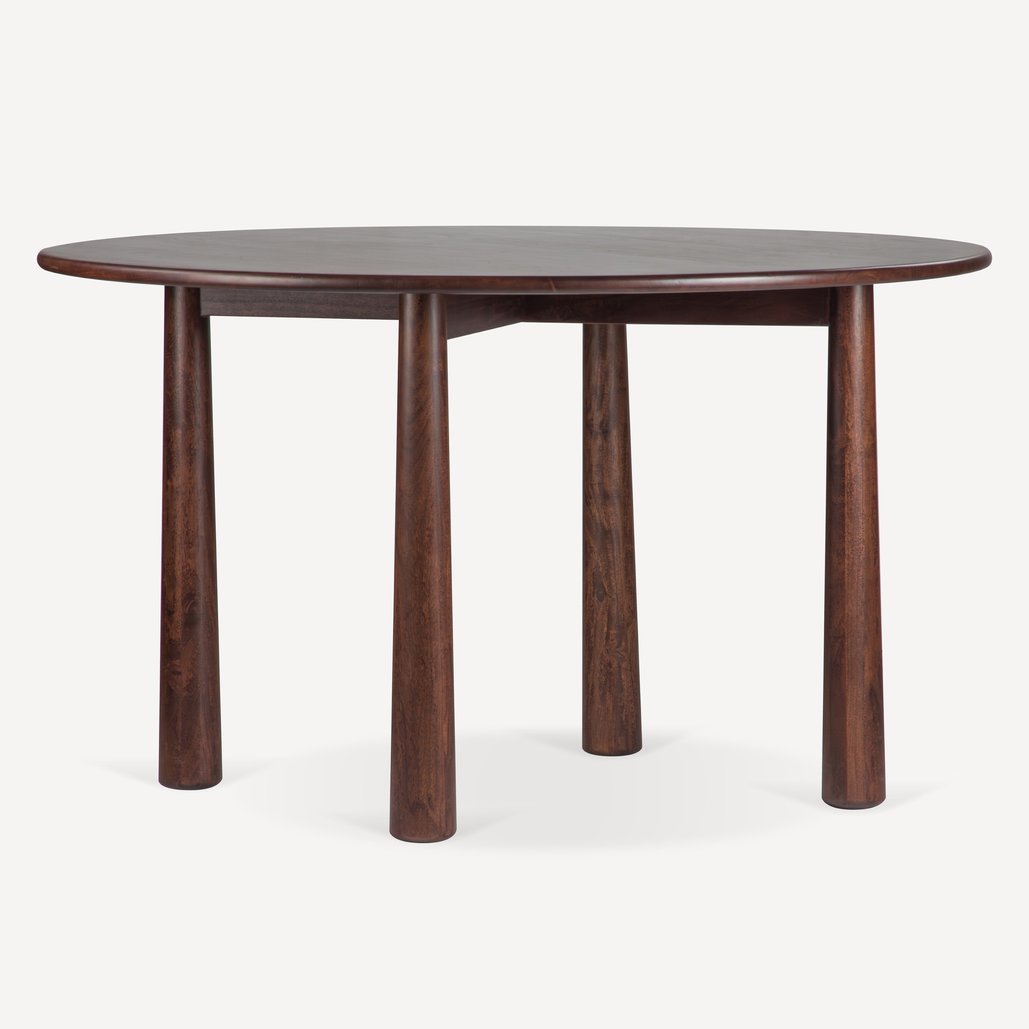 A round wooden dining table with a dark brown finish and four tapered legs, shown on a clean off-white background.
