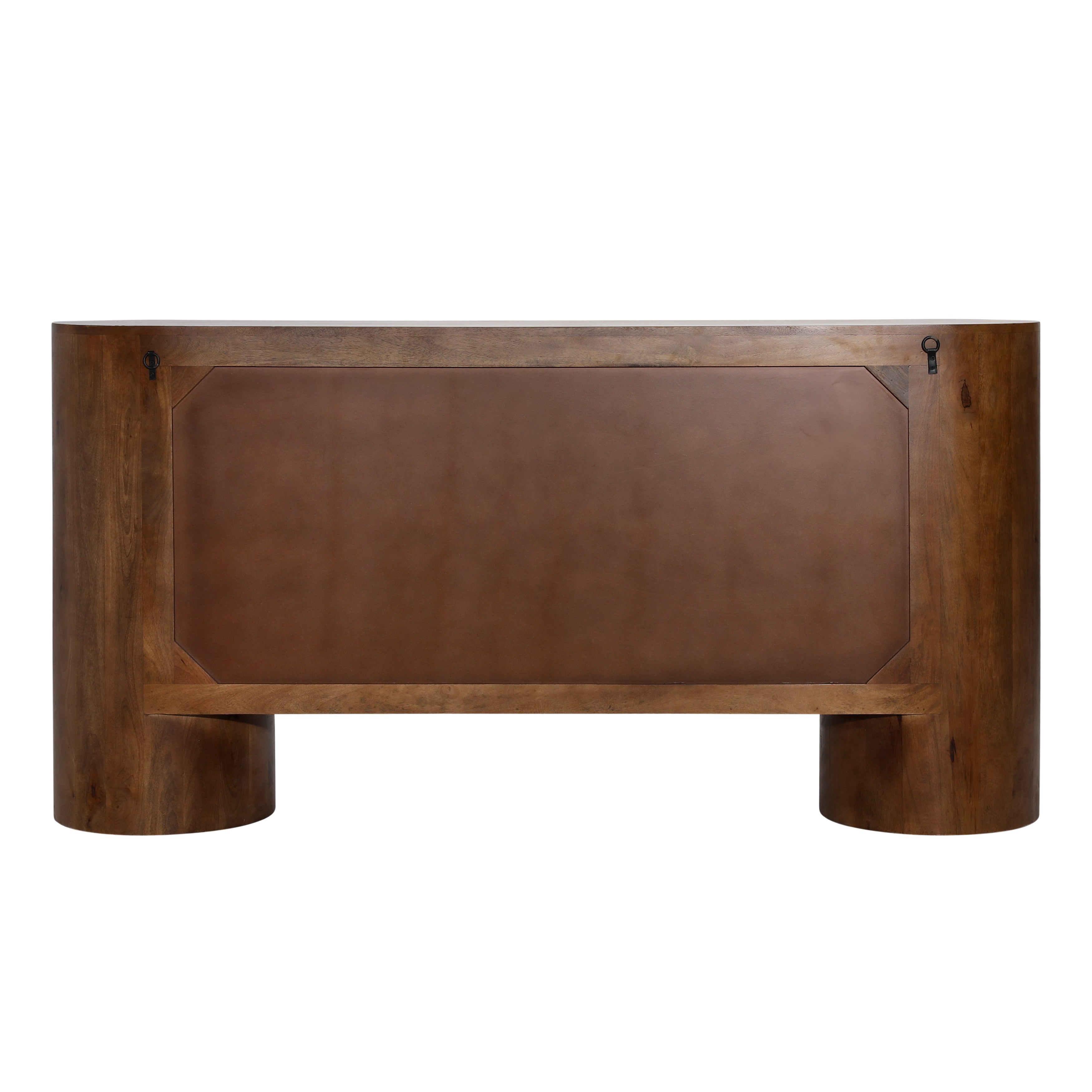 Wooden console table with a brown finish on a white background