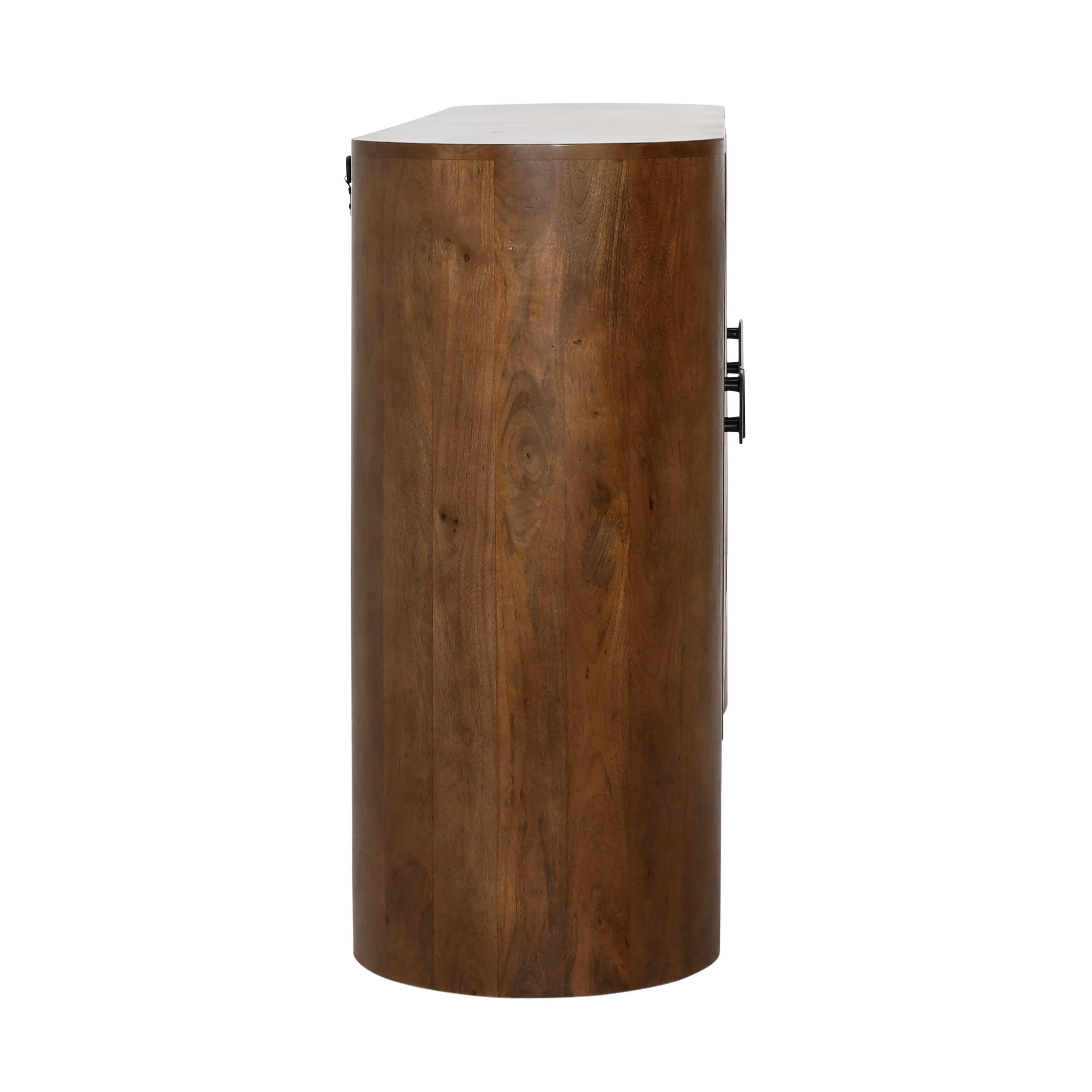 Wooden cylindrical side table with a white top on a white background