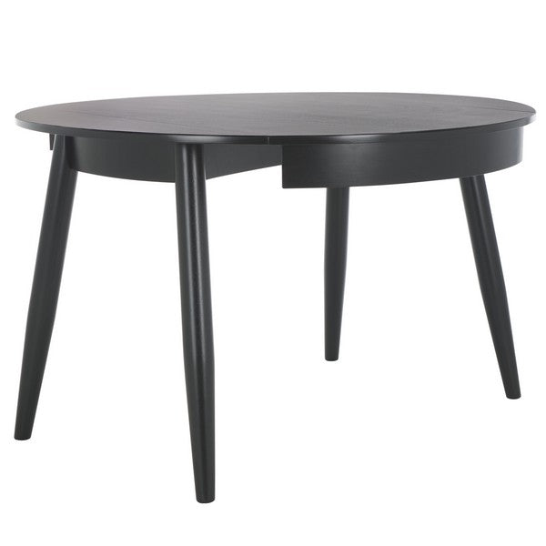 Black round table with four legs on a white background