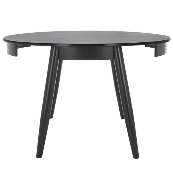 Black round table with four legs on a white background