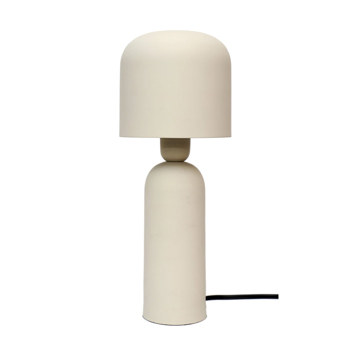 Beige table lamp with a cylindrical base and round shade on a white background
