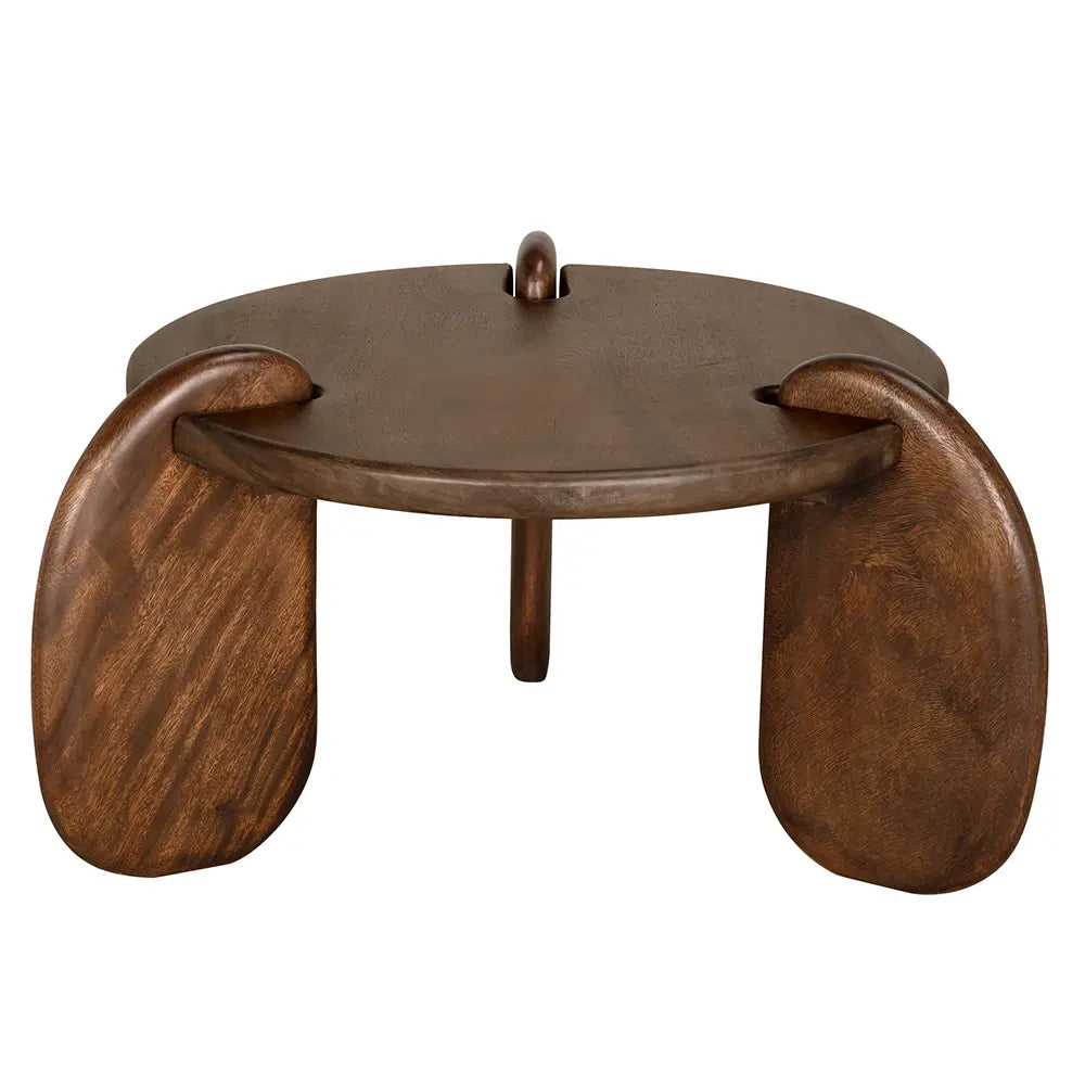 Wooden table with unique design on a white background