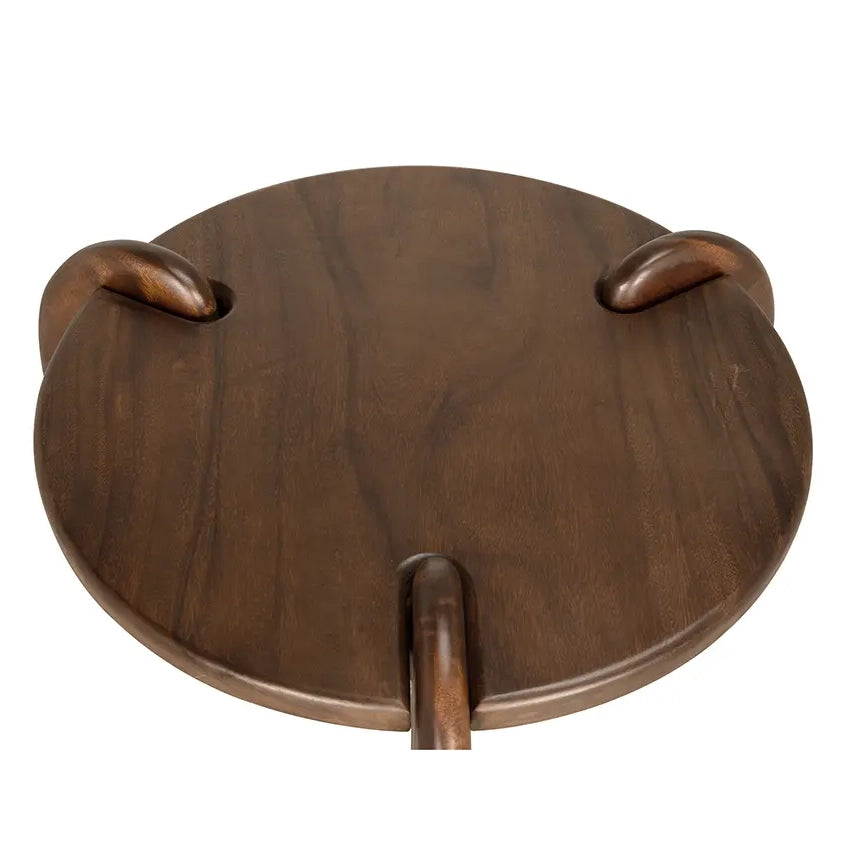 Round coffee table with dark wood finish