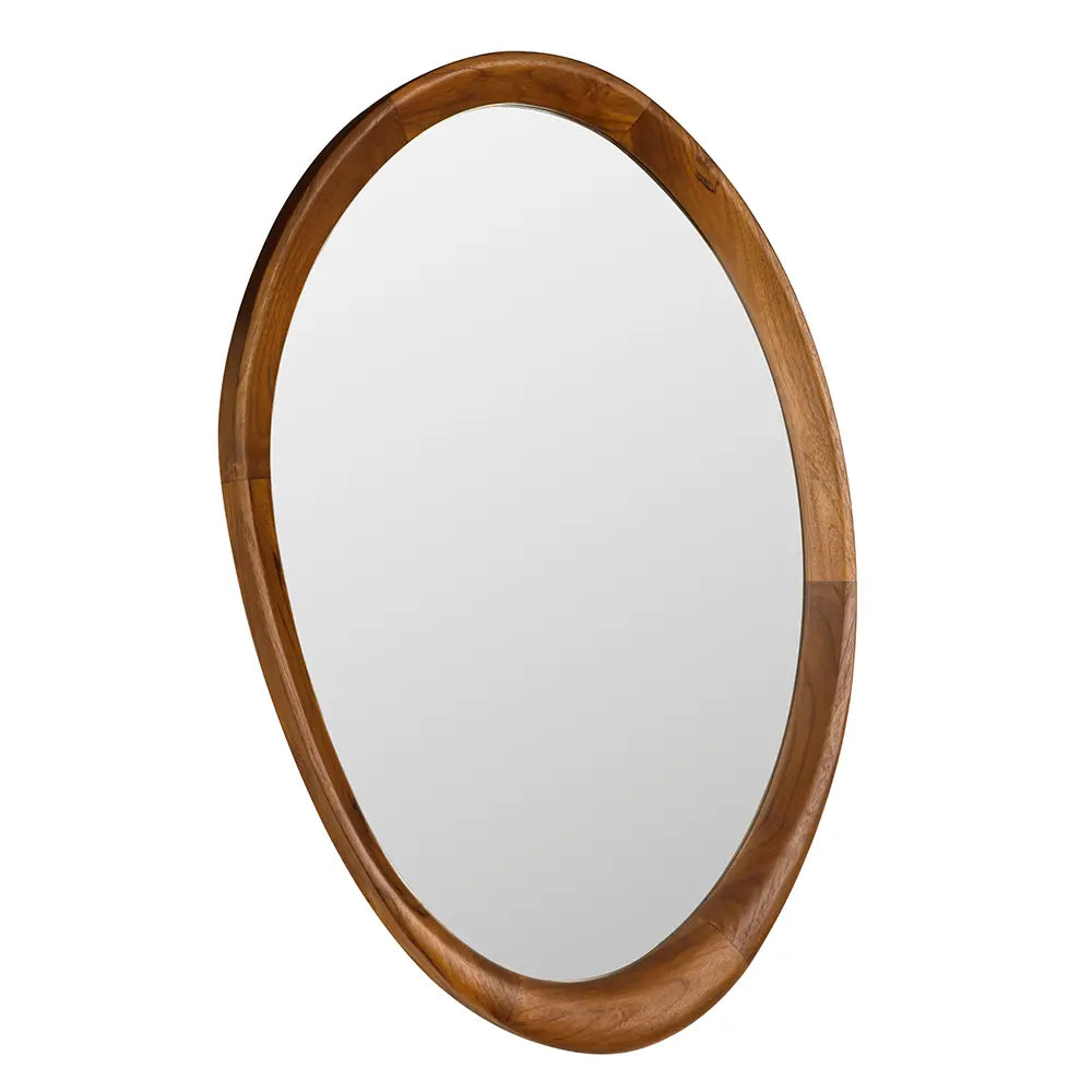 Oval mirror with a wooden frame on a white background