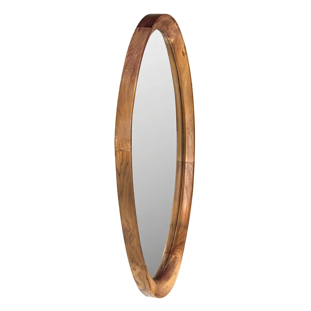 Wooden-framed oval mirror on a white background