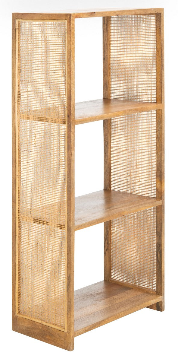 Wooden bookshelf with woven rattan sides on a white background