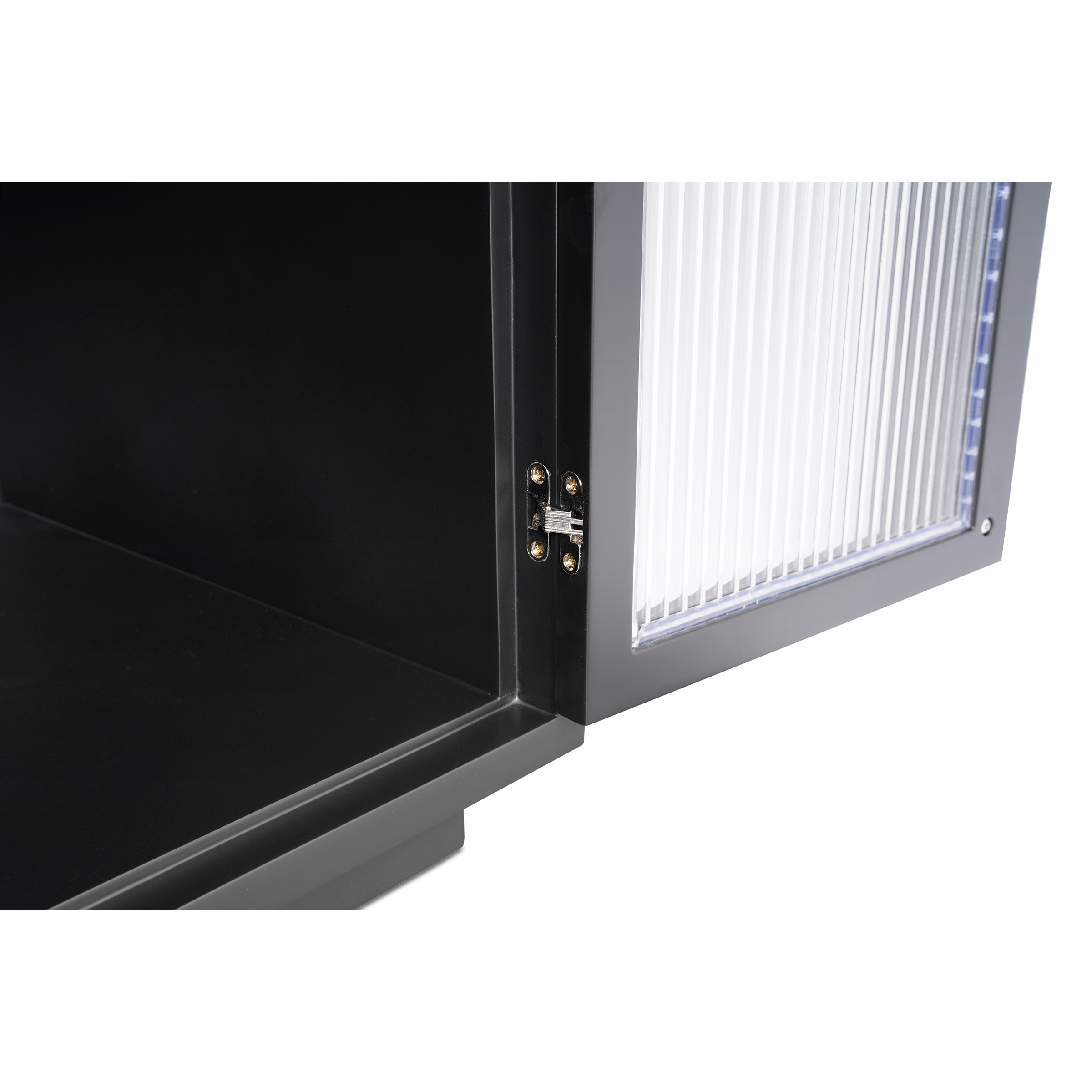 Close-up of a metal frame with a black surface and a white textured panel.