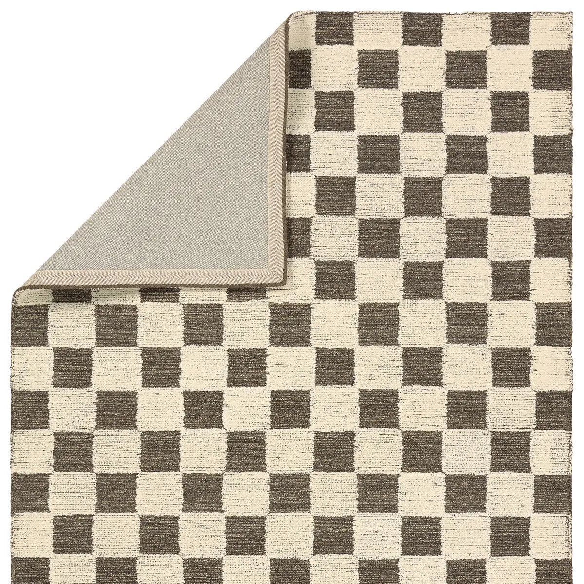 Checkered patterned rug with a neutral color scheme on a white background