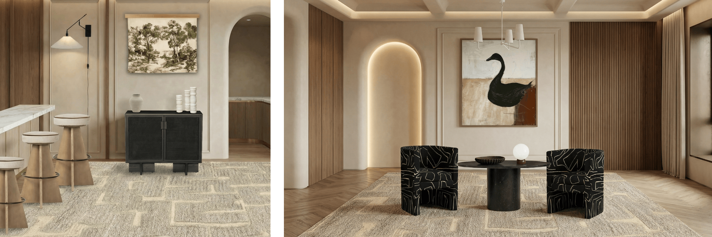 Modern interior design with black furniture and abstract wall art.