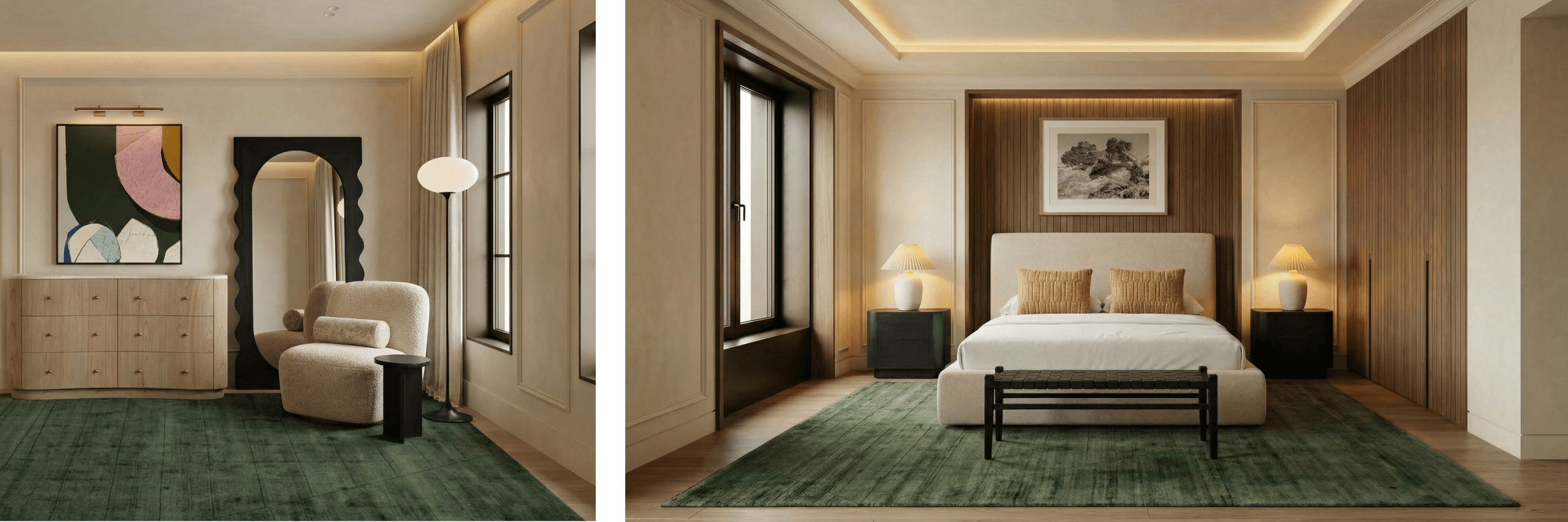 Modern bedroom with a bed, nightstands, and decor elements.