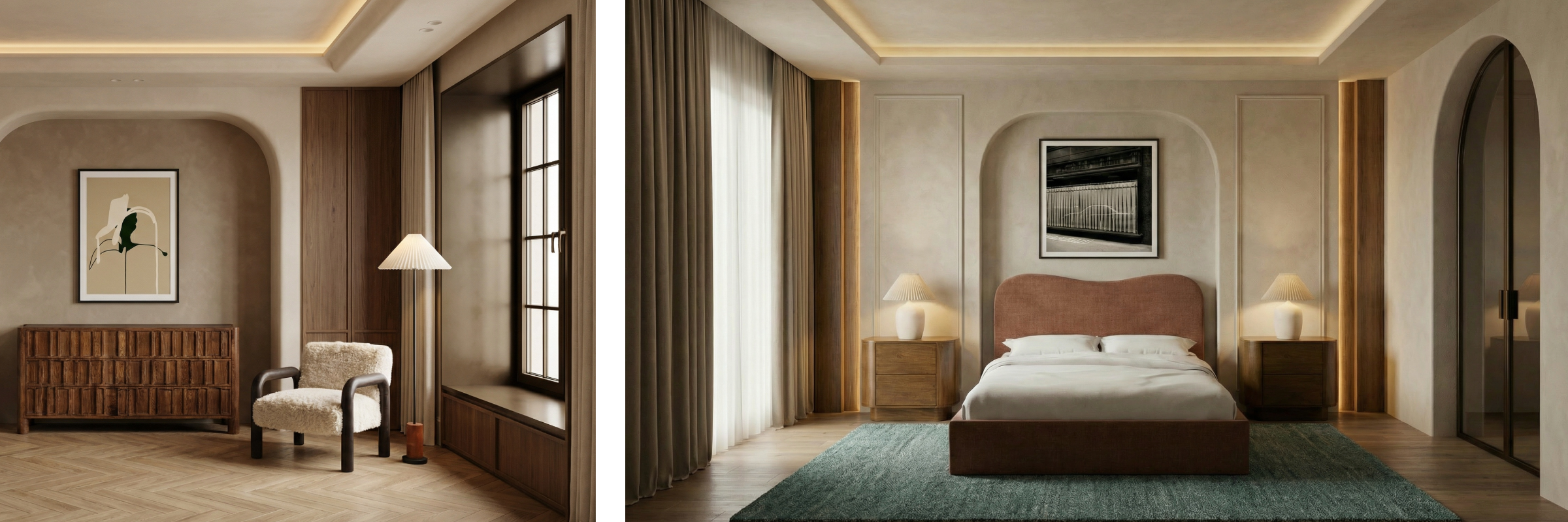Two bedroom interior designs with furniture and decor.