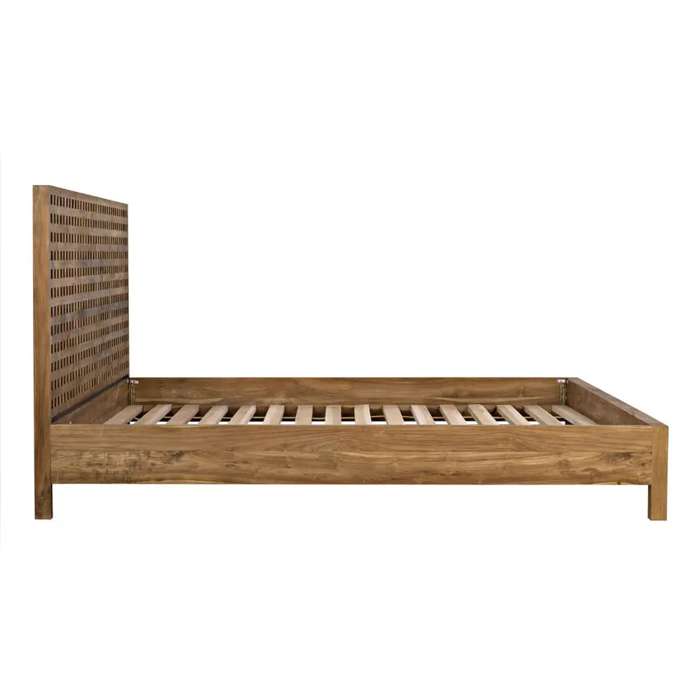 Wooden bed frame with slatted design on a white background