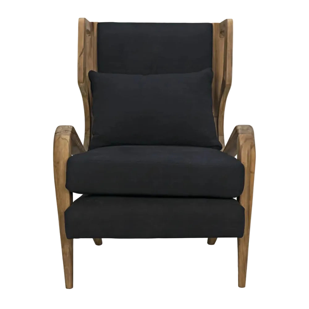 Teak wingback style chair with black cotton upholstery