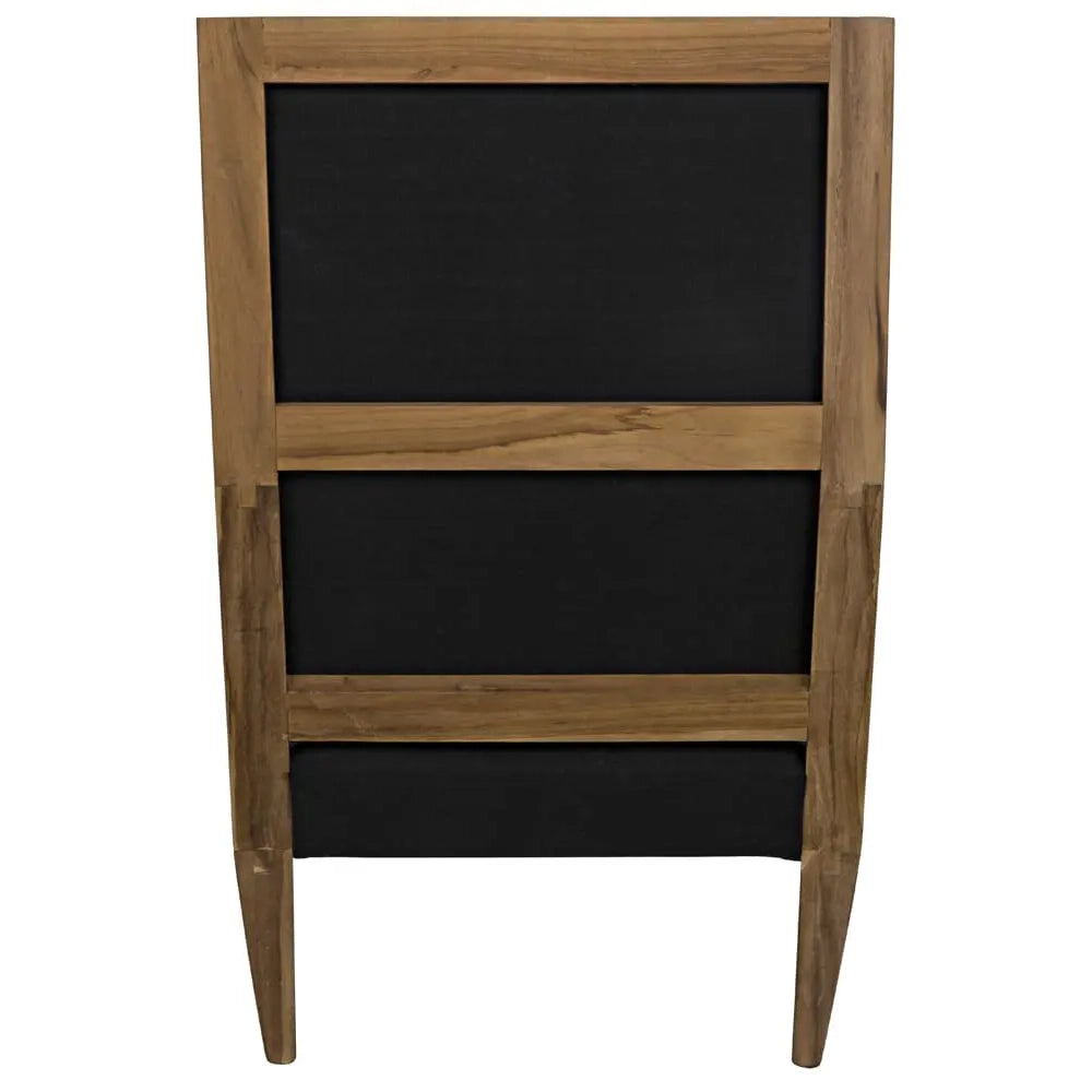 Teak wingback style chair with black cotton upholstery