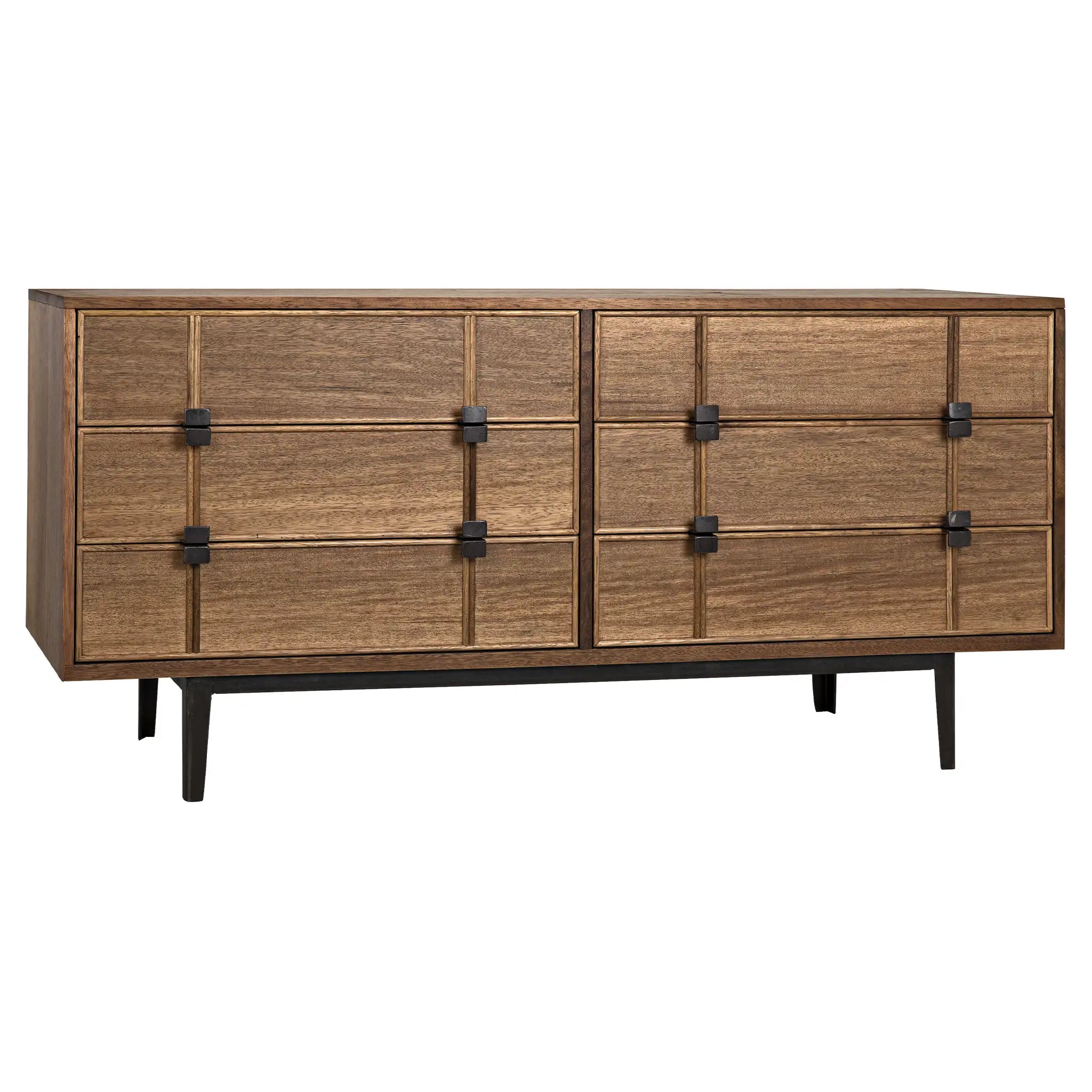 Wooden sideboard in dark walnut finish with six drawers and black iron pulls and legs