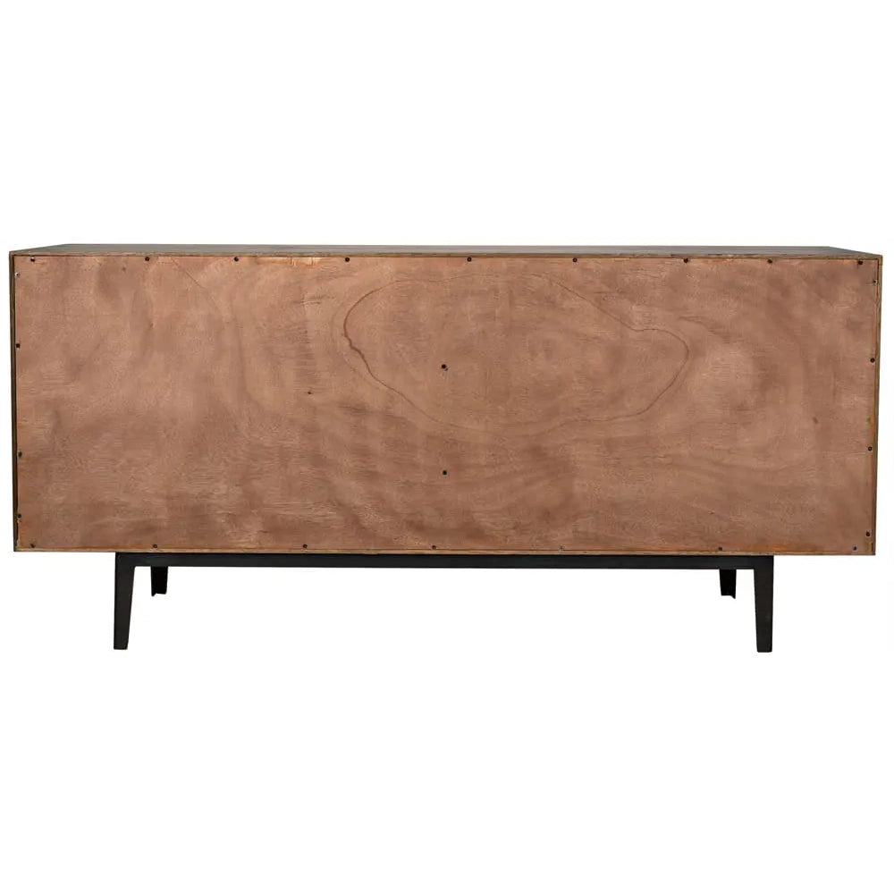 Back view of wooden sideboard with metal accents on a white background