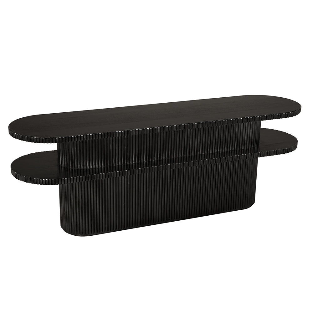 Black oval console table with fluted detailing