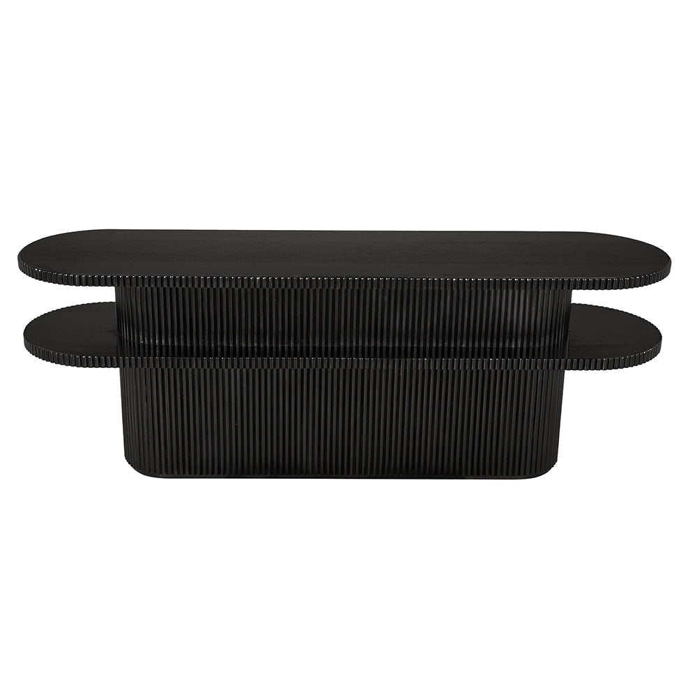 Black oval console table with fluted detailing