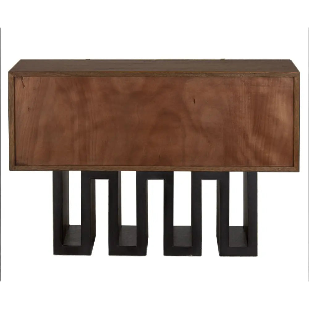 Wooden console table with black metal legs on a white background