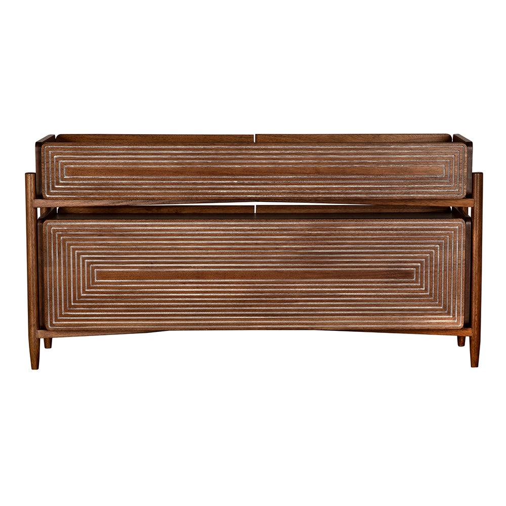 Wooden Sideboard with geometric carved back on a white background