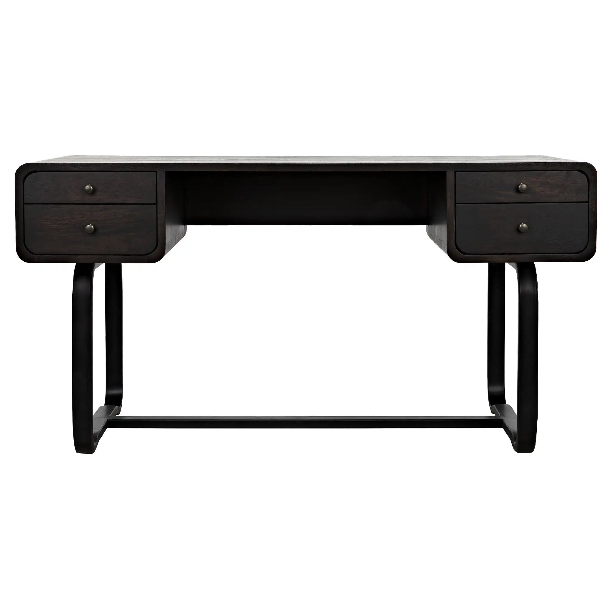 Walnut and iron desk with curved edges and matte black base