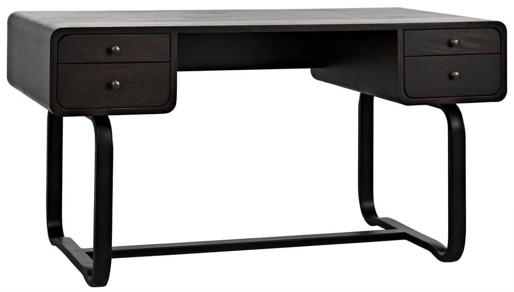 Minimalist walnut desk with matte black iron frame and artistic details