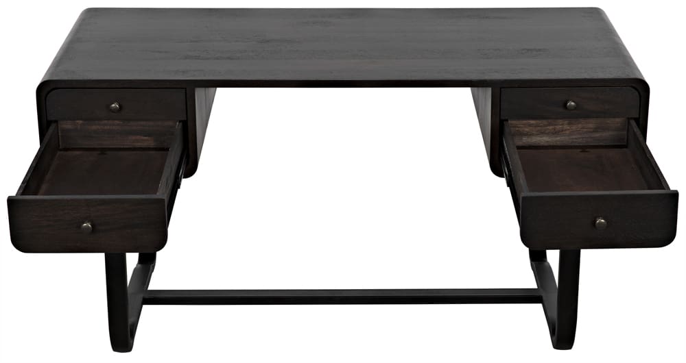 Sleek wood and metal desk with sculptural silhouette and warm grain