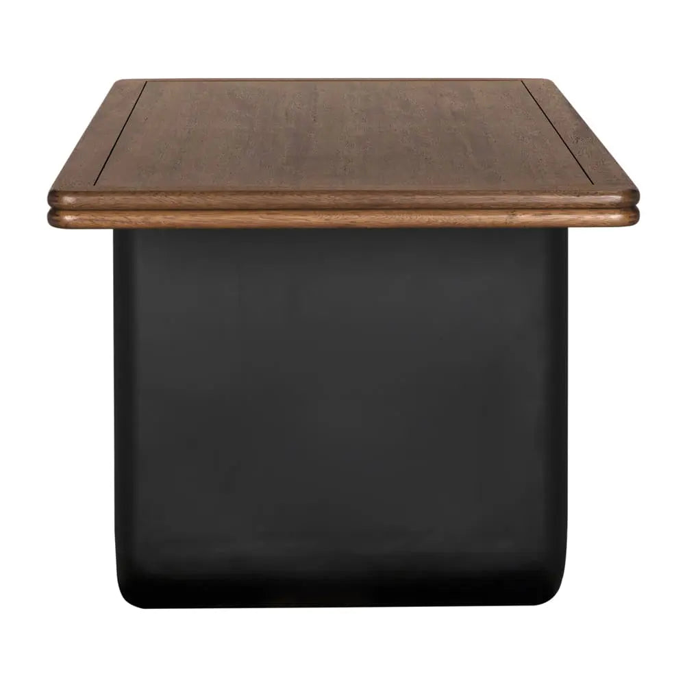 Square table with wooden top and black base on a white background