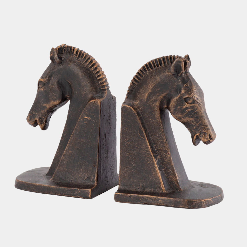 Pair of bronze horse head bookends on a white background