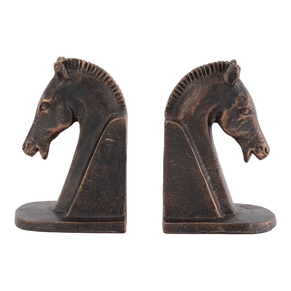 Pair of bronze horse head bookends on a white background