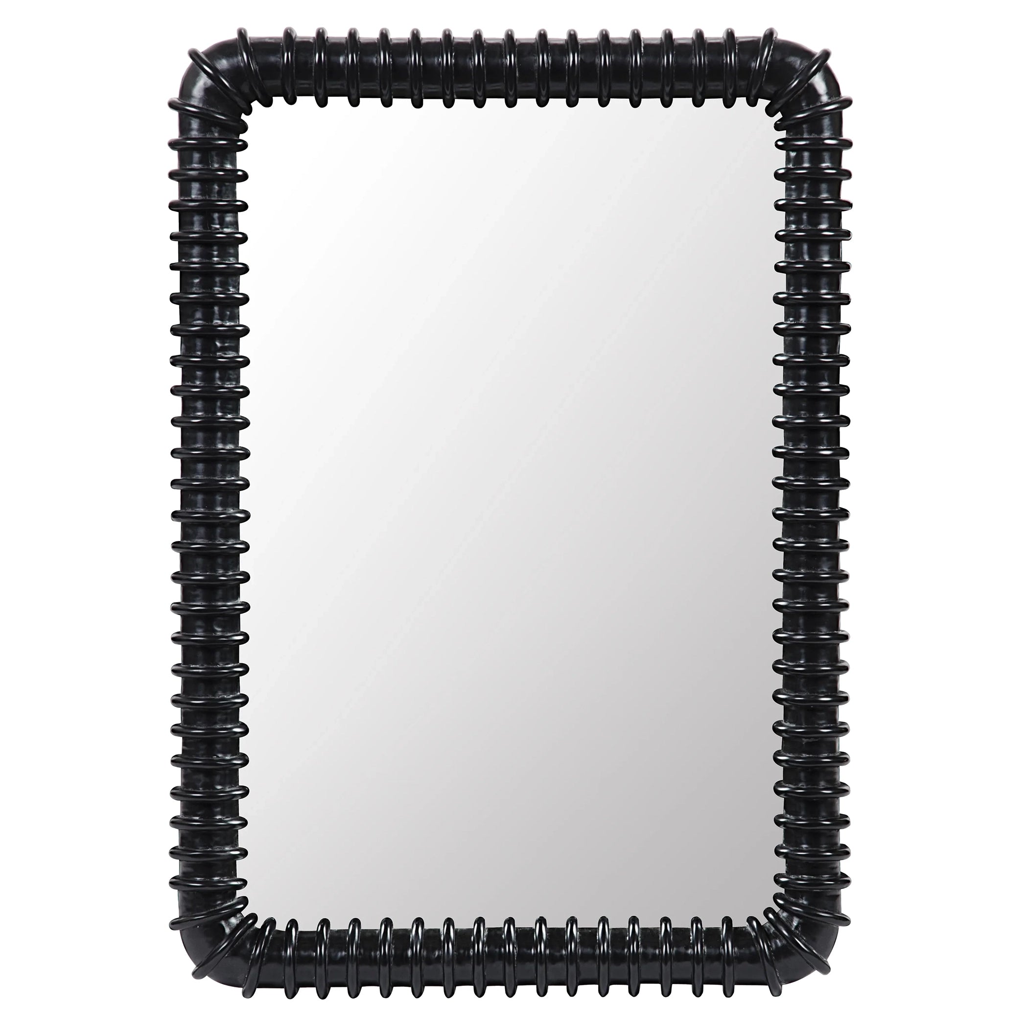 Rectangular mirror with a black ribbed frame on a white background