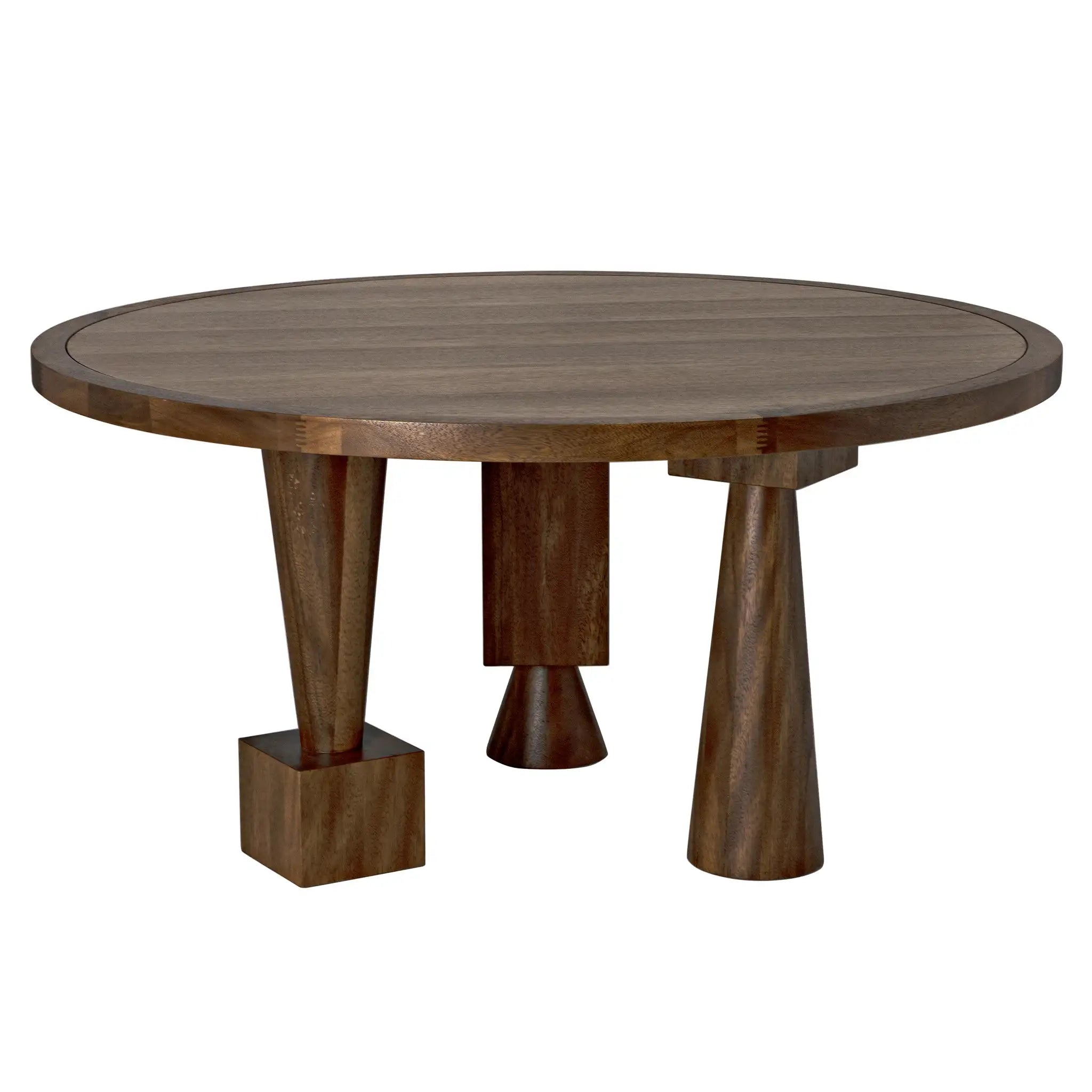 Round walnut table with sculptural legs