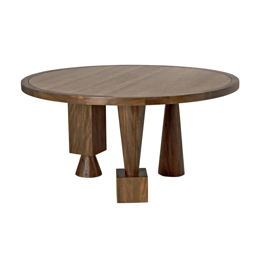 Round dark walnut table with geometric sculptural legs