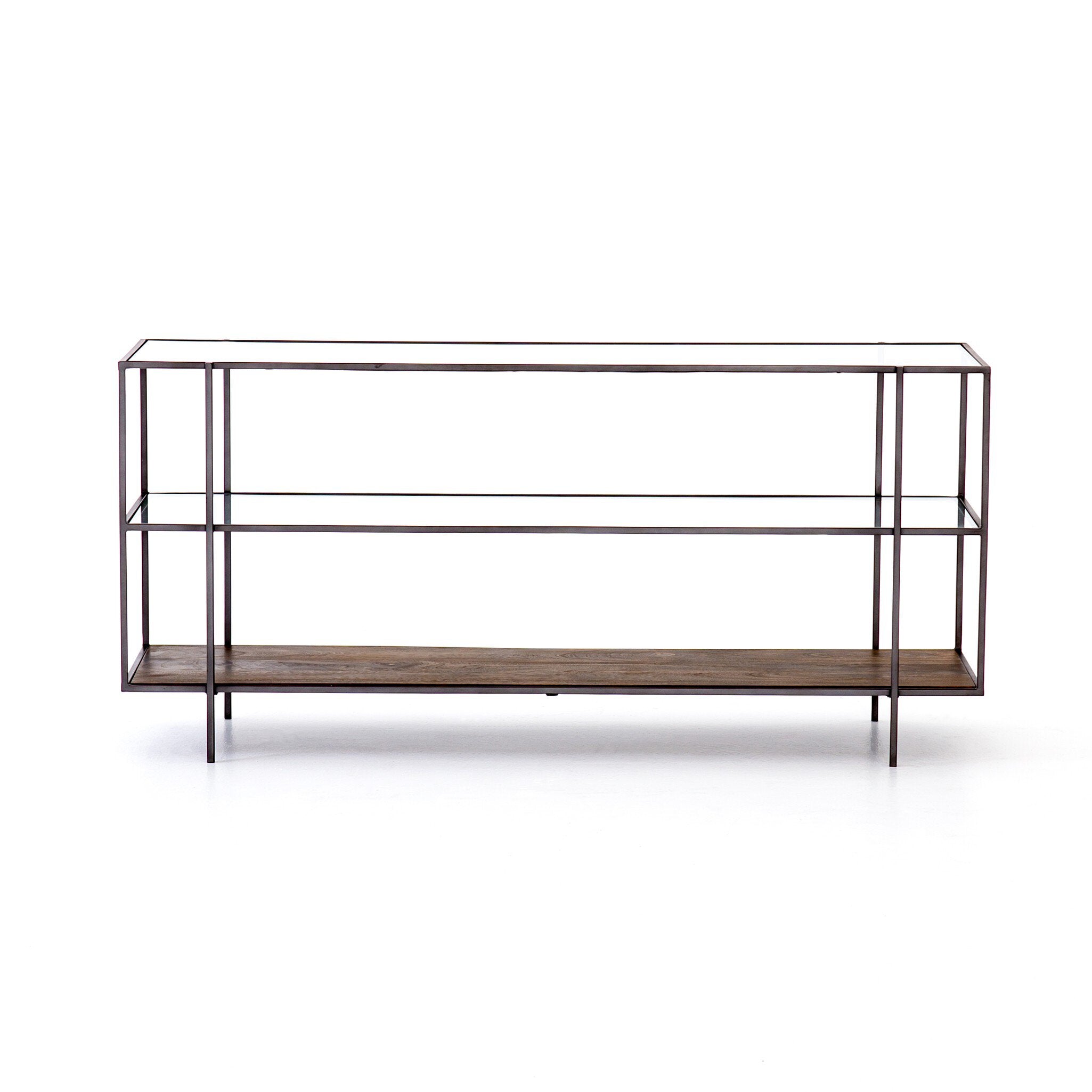 Console table with metal frame and wooden shelf on a white background