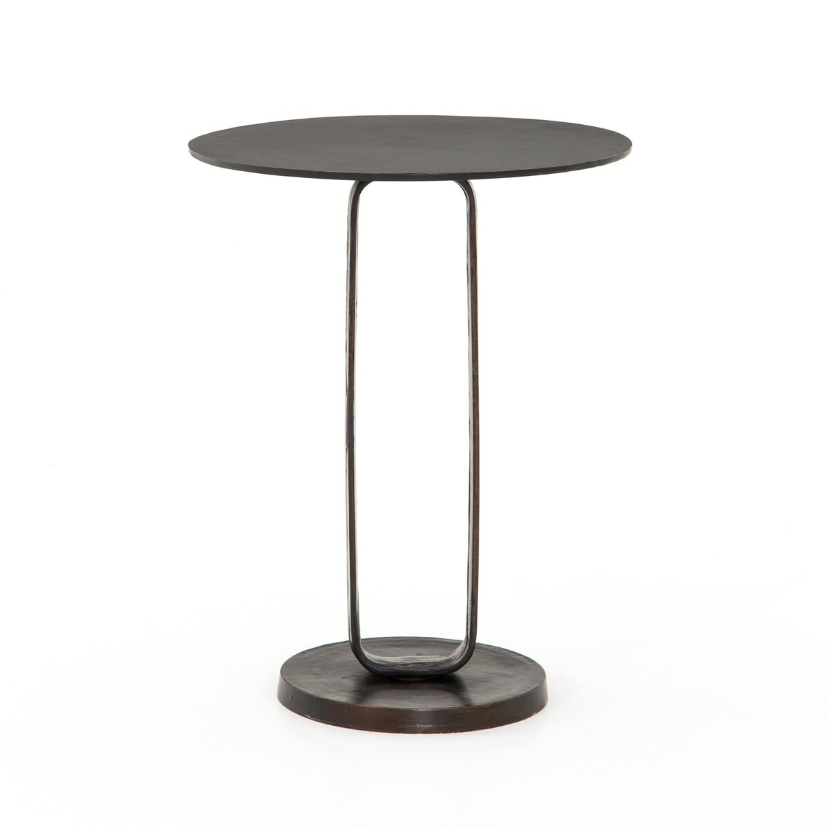 Modern side table with a round top and unique base design on a white background