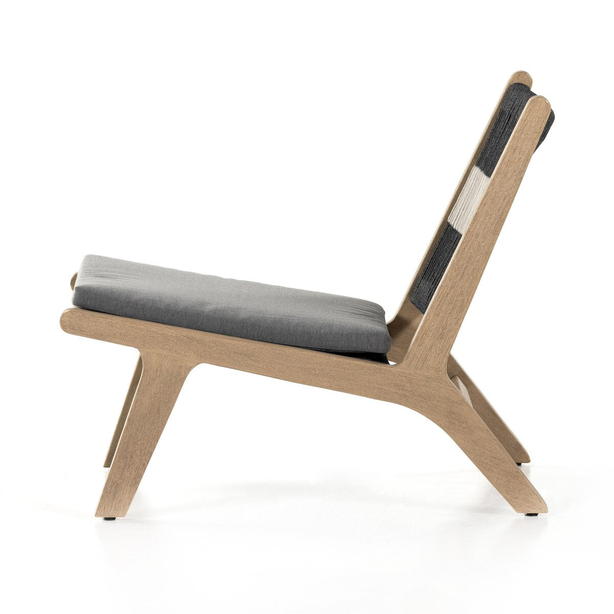 Modern chair with wooden frame and gray cushion on a white background