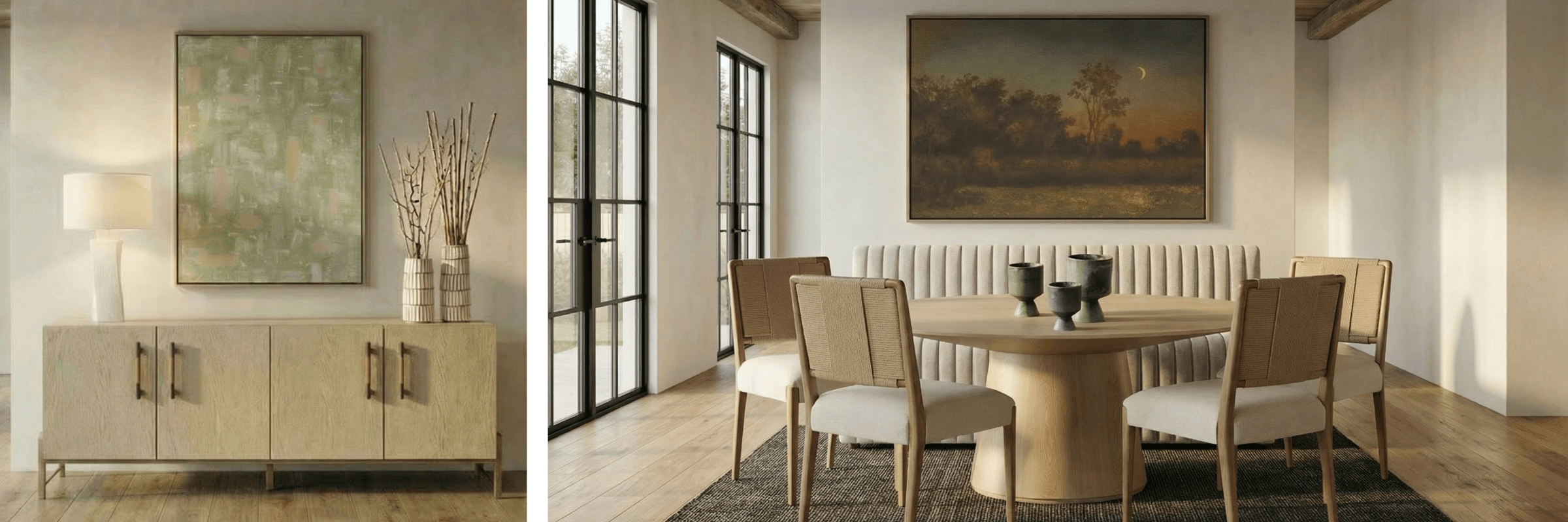 Two images of a living room and dining area with furniture and decor.