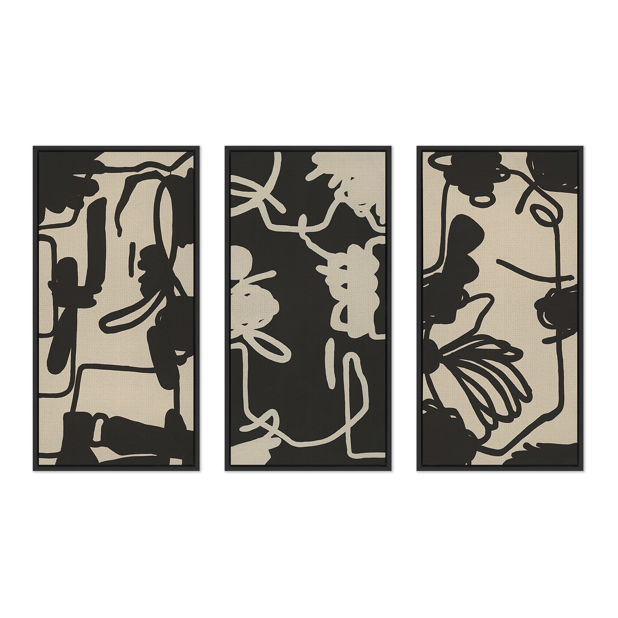 Set of three abstract wall art pieces with black and beige patterns on a white background