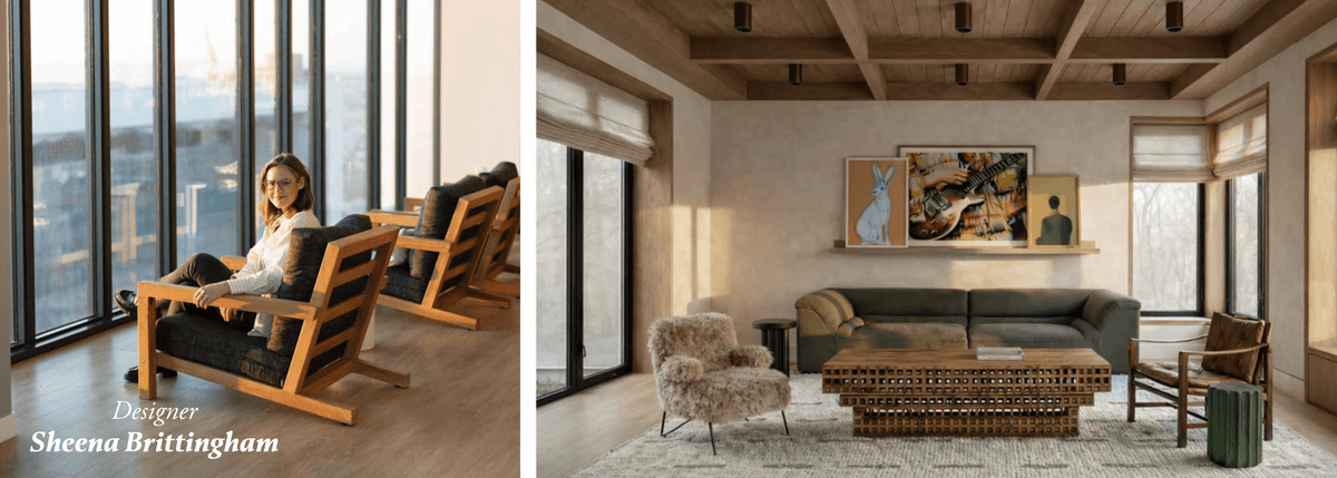 Two views of a modern living room with large windows and a woman sitting on a chair.