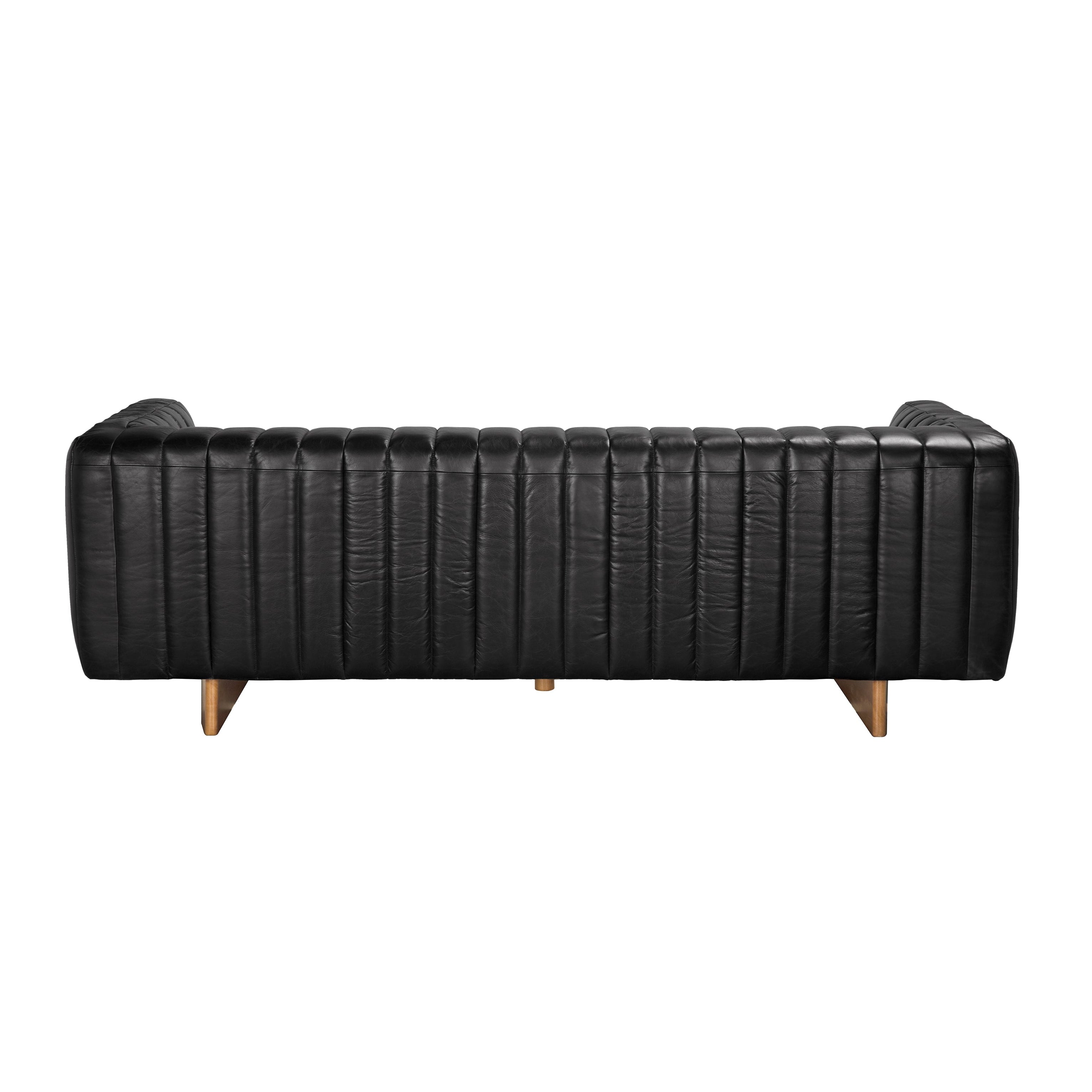 Black leather sofa with wooden legs on a white background