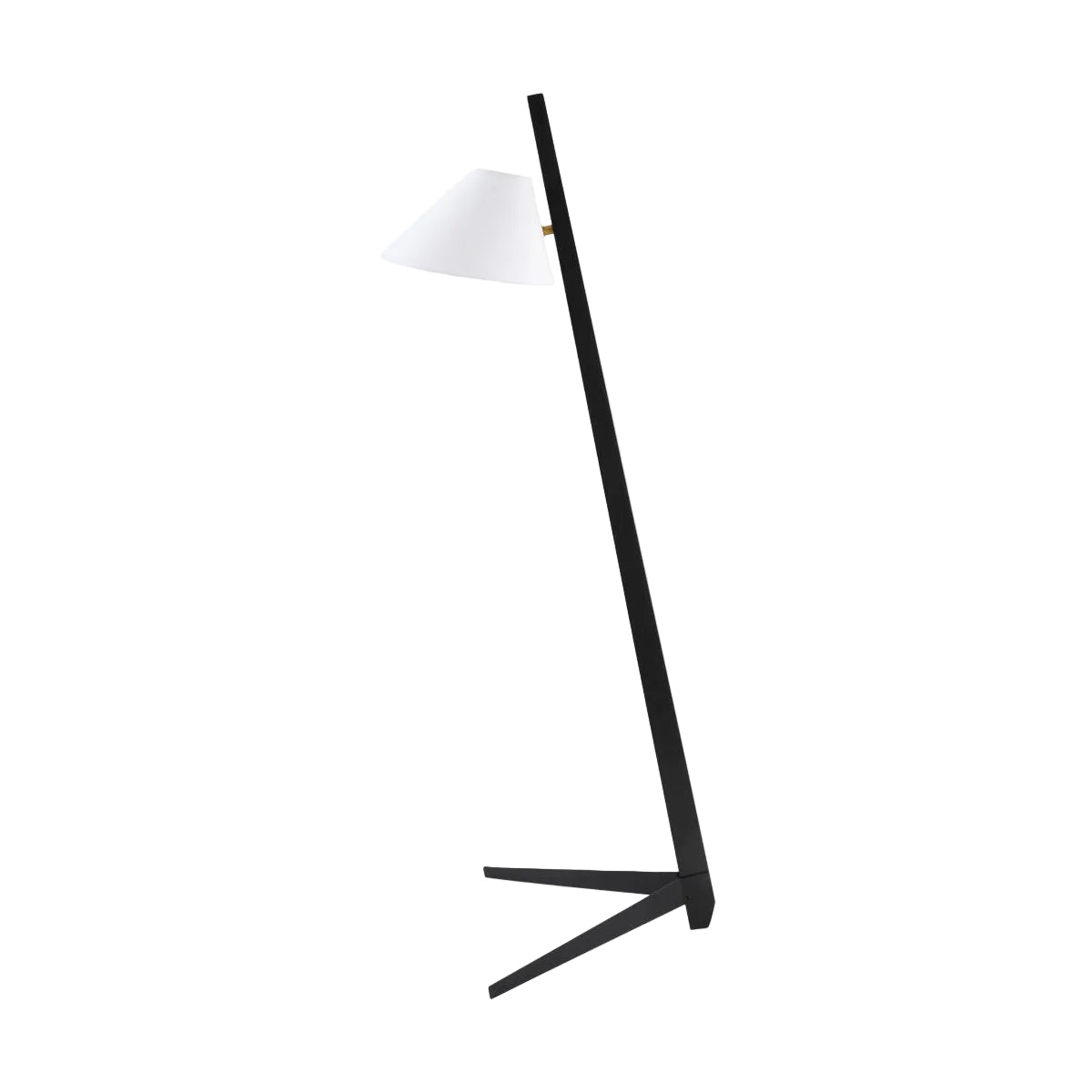 A modern minimalist floor lamp with a long black metal frame, a three-pronged base, and a white conical shade, shown against a plain white background.